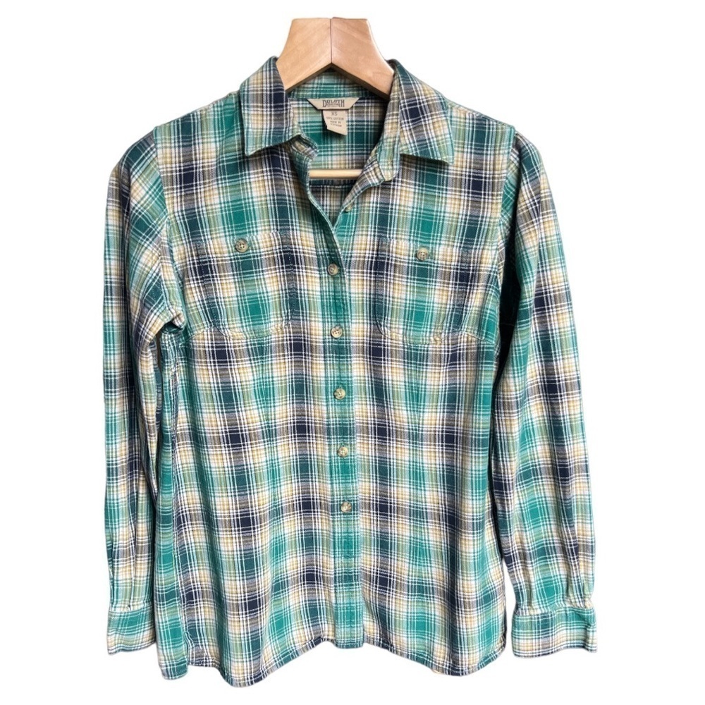 Duluth Trading Co. Women’s Teal Plaid Cotton Flannel Button Down Shirt, XS